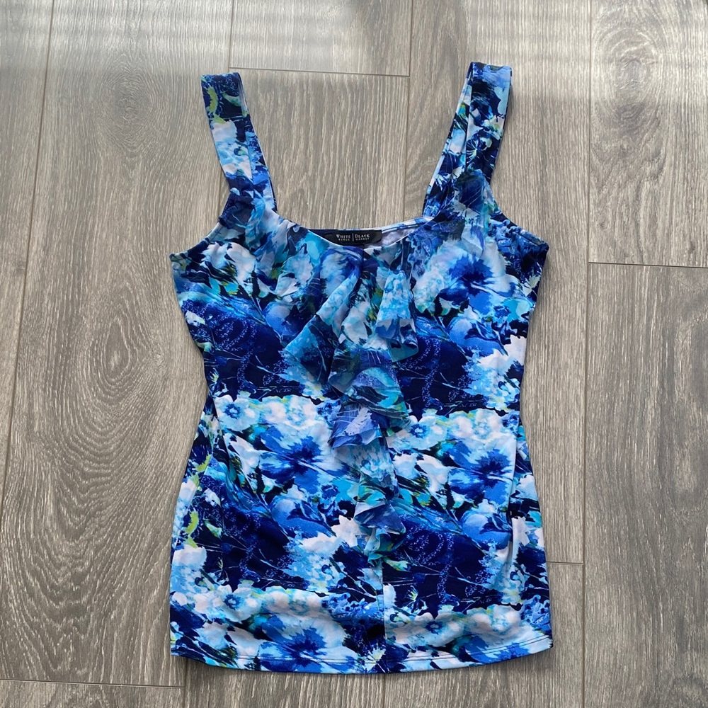 White House Black Market - Blue Floral Tank Top with Ruffle Detail - Size S